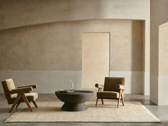 two chairs and a coffee table in a room with beige walls, rugs and carpet