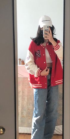 Varsity Jacket Red Outfit, Red Varsity Jacket Outfit Aesthetic, Red And White Varsity Jacket Outfit, Maroon Varsity Jacket Outfit, Red Tomboy Outfits, Red Letterman Jacket Outfit, Red Baseball Jacket Outfit, Red Varsity Jacket Outfit, Tori Aesthetic