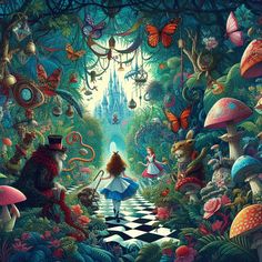 a painting of alice in the forest with many mushrooms and other things around her,