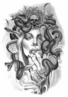 a drawing of a woman with snakes on her face and hands in front of her face