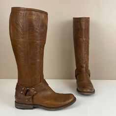 Frye Phillip Harness Tall Boots With Back Zipper.Saddle Brown Heel Height - Approx 1” Shaft Height- Approx 15.25” Shaft Circumference- Approx Excellent Preowned Condition- See Photos For Signs Of Wear Bbox39 Saddle Brown, Brown Heels, Frye Shoes, Tall Boots, Shoes Heels Boots, Shoes Women Heels, Saddle, Heeled Boots, Heel Height