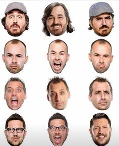 the many faces of men with different facial expressions