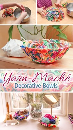 yarn - mache decorative bowls are an easy craft project for kids to do with yarn