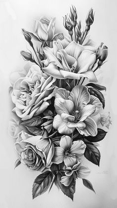 black and white drawing of flowers with leaves