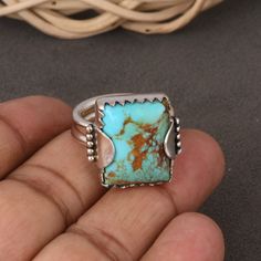 Handmade Sterling Silver Chunky Ring With Kingman Turquoise Unisex Jewelry | eBay Square Turquoise Ring, Western Inspired Jewelry, Handmade Turquoise Open Ring, Rectangular Turquoise Gemstone Ring, Artisan Turquoise Rectangular Jewelry, Handmade Turquoise Rectangular Rings, Unique Rectangular Turquoise Ring, Buffalo Nickel Jewelry, Cowboy Ring