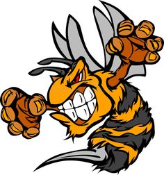 an angry hornet mascot with claws in the air and his mouth wide open, ready to strike