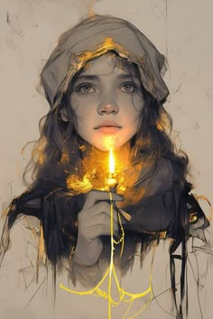 a painting of a girl holding a lit candle in her hands and wearing a veil over her head