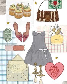 a collage of various items including a purse, shoes, and other things on paper