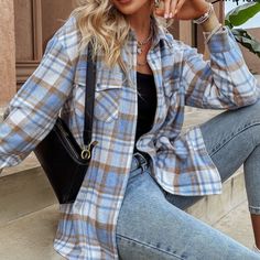 Blue White And Brown Women’s Flannel Sweater Flannel Shirts For Women, Fall Clothes For Women, Plaid Shirt Women, Womens Flannel Shirt, Plaid Sleeve, Flannel Shirts, Women's Button Down Shirt, Fall Clothes, Loose Shirts