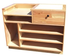 a wooden cabinet with two drawers and one drawer open