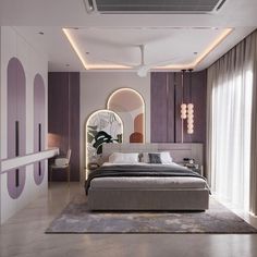 a modern bedroom with purple accents and white furniture