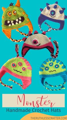 crocheted monster hats with text overlay that reads, monsters handmade crochet hats