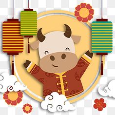 a cartoon cow holding two lanterns in the air with clouds and flowers around it, on a