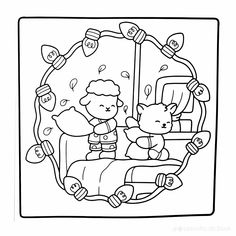 a black and white drawing of two teddy bears on a bed with christmas lights in the background