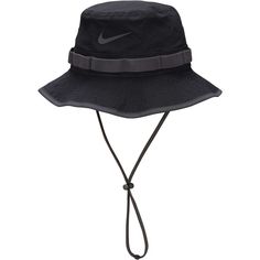 Providing 360-degree brim coverage, this Nike Apex bucket hat is a must-have accessory for a sunny day. It's designed with Nike's Dri-FIT fabric technology to ensure a cool feel, and the toggle closure chin strap ensures a customizable fit. Nike Black Hats For Outdoor, Nike Outdoor Hats, Black Flat Brim Bucket Hat For Outdoor Activities, Nike Adjustable Hats For Outdoor, Nike Adjustable Outdoor Hats, Nike Glasses, Nike Bucket Hat, Long Skate, Nike Golf Hat