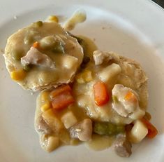 two dumplings with meat and vegetables are on a white plate, ready to be eaten