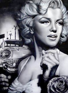 a painting of a woman holding her hand to her face with a car in the background