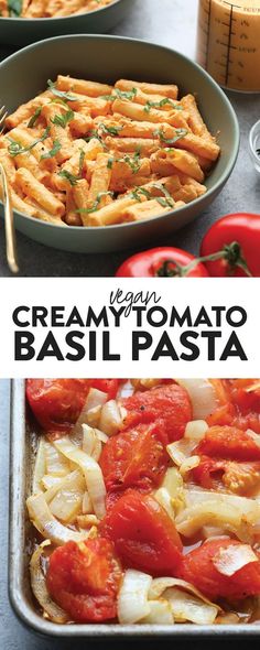 some pasta with tomatoes and onions in a casserole dish next to other dishes