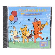 it's a gymbore party cd cover with cartoon animals and balloons in the background