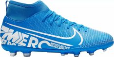 the nike mercion soccer cleats are blue with white lettering on them