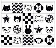 an image of some animals and stars on a checkerboard pattern with black and white colors