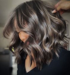 Dark Brown Hair With Smoky Highlights, Hair Color Ideas For Brunettes Blending Grey, Smoked Out Brunette, Auburn Hair Going Grey, Smokey Brunette Hair Balayage, Brown Hair Grey Blending, Brunette With Ashy Highlights, Mushroom Balayage Brunette, Smokey Ash Brown Balayage Dark