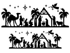 christmas scene with nativity scene and star in the sky, black silhouettes on white background