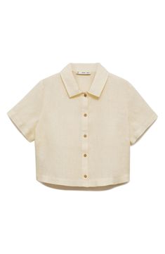 A slightly cropped length enhances the breezy allure of this lightweight linen button-up shirt cut with short sleeves and a boxy silhouette. Front button closure Spread collar Short sleeves 100% linen Machine wash, line dry Imported Yellow Long Sleeve Shirt, Mango Shorts, Pastel Yellow, Cut Shirts, Linen Shirt, Sleeve Cotton, Short Tops, Button Up Shirts, Shirt Blouses