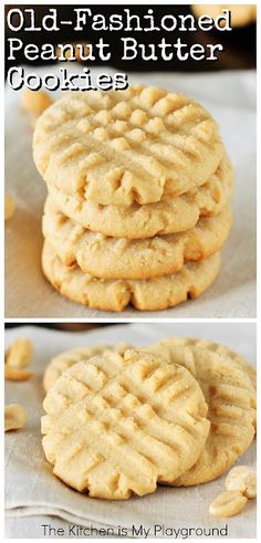 old fashioned peanut butter cookies are stacked on top of each other, and the cookie has been