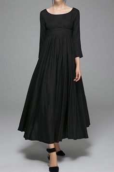 me, navy Black Frocks, Empire Waist Maxi Dress, Black Linen Dress, Spring Maxi Dress, Linen Dress Women, Long Linen Dress, Pleated Long Skirt, Ankle Length Dress, Dress Sketches