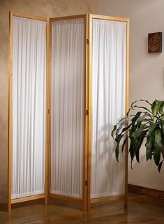 a room divider with sheer curtains and a potted plant on the floor next to it