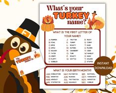 a turkey with a sign that says what's your turkey name? and it is the first letter of your name