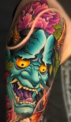 Japanese Mask Tattoo Traditional, Neo Traditional Oni Mask Tattoo, Traditional Hannya Mask Tattoo, Oni Mask Tattoo Color, Traditional Japanese Hannya Mask Tattoo, Tattoo Daruma