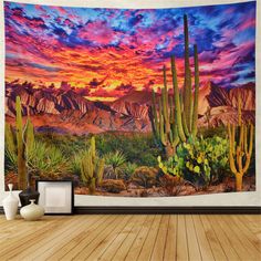 a desert scene with cacti and mountains in the background at sunset wall tapestry