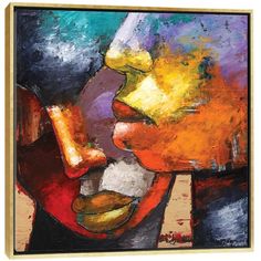 an abstract painting of two people kissing each other with their faces painted in different colors