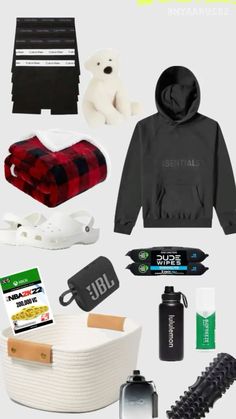 an assortment of items that include a hoodie, toiletries, and other items