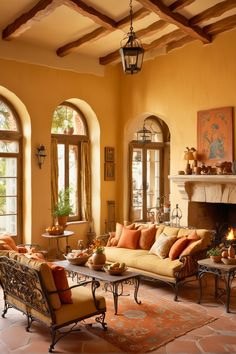 a living room filled with lots of furniture next to two large windows and a fire place