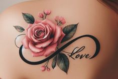 the back of a woman's shoulder with a rose and love tattoo on it