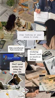 a collage of photos with people working on their laptops and writing in notebooks