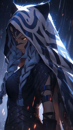 an anime character in the rain with her head covered by a black and white scarf