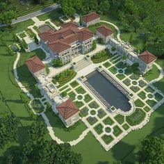 an artist's rendering of a large mansion in the middle of some trees and bushes