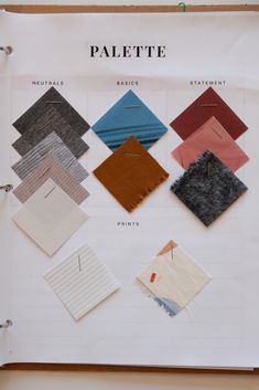 an open book with different types of fabric on it