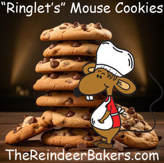 a stack of chocolate chip cookies with a cartoon mouse on top and the words, ringlet's mouse cookies