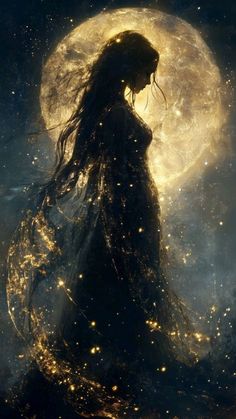 a woman standing in front of a full moon with her hair blowing in the wind