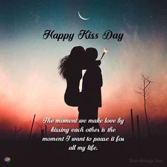 a couple kissing each other in front of a sunset with the words happy kiss day