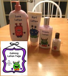 personal care items sitting on top of a wooden table in front of a sign that says love lotion