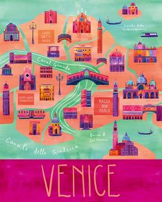 an illustrated map of venice, italy with all the major landmarks painted in bright colors