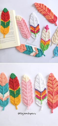 crocheted leaves are arranged in rows on the table next to an open book