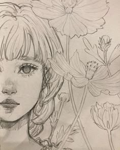 a drawing of a girl with flowers in her hair