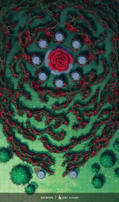 an aerial view of a red rose in the center of a green area with trees and bushes